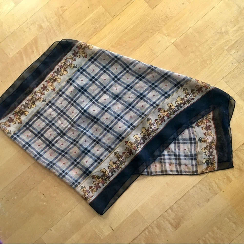 Teddy Bear and Plaid Semi Sheer Scarf, Brown, Tan, Black, Red